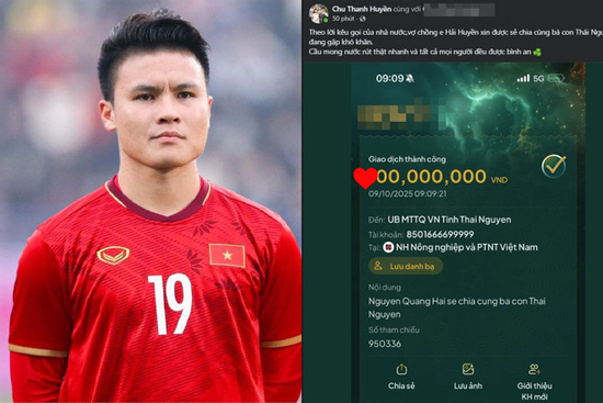 Vợ chồng Quang Hải ủng hộ bà con Thái Nguyên, số tiền chuyển khoản nhiều người 'nể'