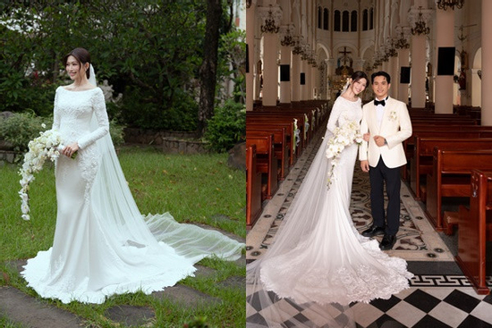 Cận cảnh váy cưới giúp Á hậu Quỳnh Châu tỏa sáng trong hôn lễ ở nhà thờ