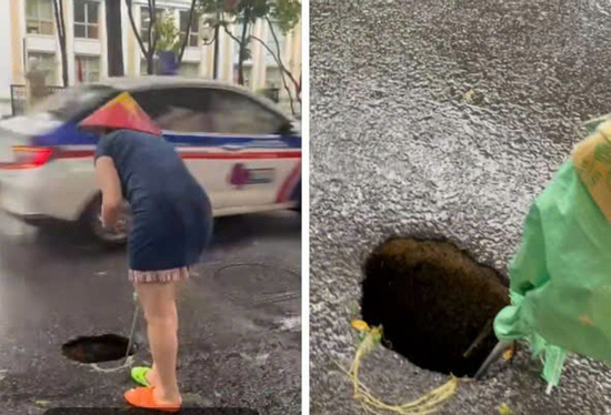Hố sụt sâu gần 1m giữa lòng đường Hà Nội