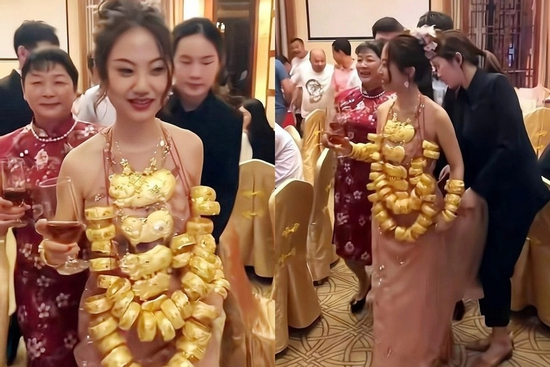 Cô dâu Trung Quốc đeo 42 cây vàng trong đám cưới, gia đình phải ra đỡ vì không thể đứng vững