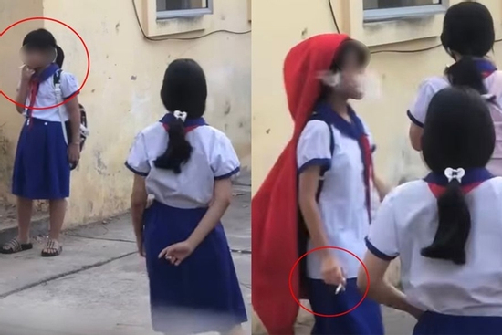 Xôn xao clip 5 nữ sinh tiểu học hút thuốc phì phèo trong sân trường, mời bạn nam hút cùng