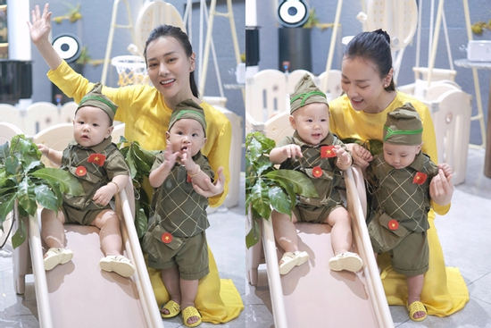Cặp song sinh nhà Phương Oanh gây sốt với trang phục áo trấn thủ, mũ ca lô