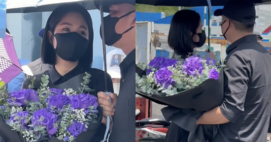 Chi tiết Lê Phương mang 8 bông hoa hồng tím tới lễ thủy táng Quý Bình