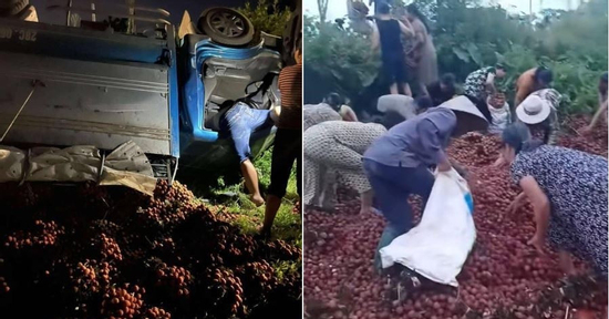 Tài xế chất vải ven đường để sửa xe bị lật, người dân tưởng 'hàng bỏ' thi nhau lấy