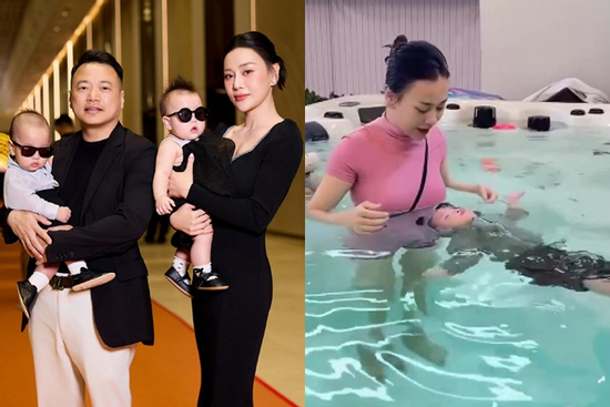 Cặp song sinh nhà Phương Oanh - Shark Bình học bơi trong 50 ngày, kết quả khiến khán giả bất ngờ