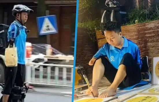 Mất cả 2 tay, người đàn ông miệt mài đi giao hàng, viết thư pháp bằng chân