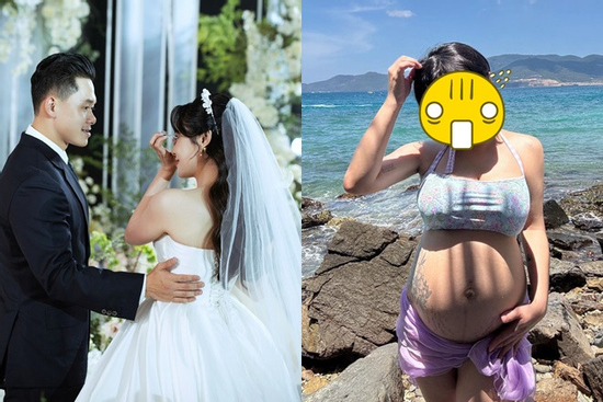 Mỹ nhân Vbiz mặc bikini khoe bụng bầu khệ nệ, chằng chịt vết rạn ở tháng thứ 6
