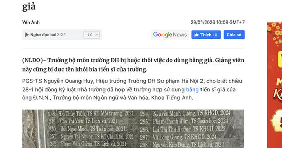 Giảng viên sư phạm dùng bằng tiến sĩ giả có thể bị xử lý hình sự