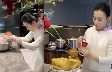 Hình ảnh diễn viên Phương Oanh luộc gà, đồ xôi trong căn bếp triệu view gây sốt