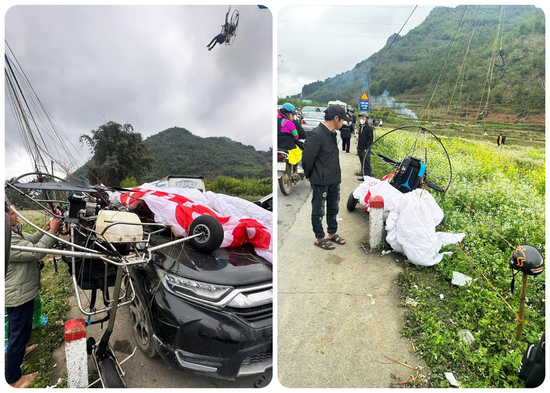 Dù lượn gặp sự cố tại Quản Bạ, rơi trúng ô tô làm vỡ kính chắn gió