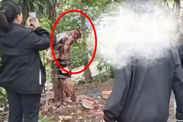 Chú rể bị lột đồ, dội nước tương, ném trứng rồi trói vào cây gây bức xúc