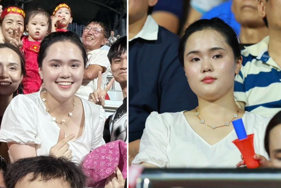 Bà xã Duy Mạnh gây chú ý khi đeo dây chuyền 300 triệu đồng đi cổ vũ chồng