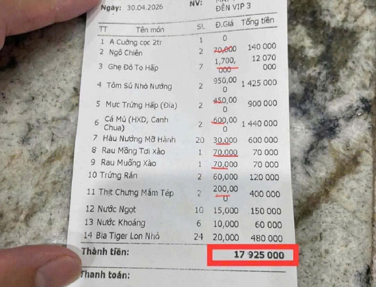 Xôn xao hóa đơn bữa ăn gần 18 triệu đồng, ghẹ đỏ 1,7 triệu đồng/kg ở Sầm Sơn