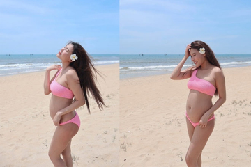 Thúy Diễm diện bikini hai mảnh khoe bụng bầu 4 tháng