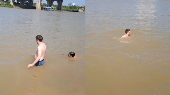 Anh Tây chịu thua cái nóng Hà Nội, đang cà phê 'chill' cũng xuống sông Đuống tắm