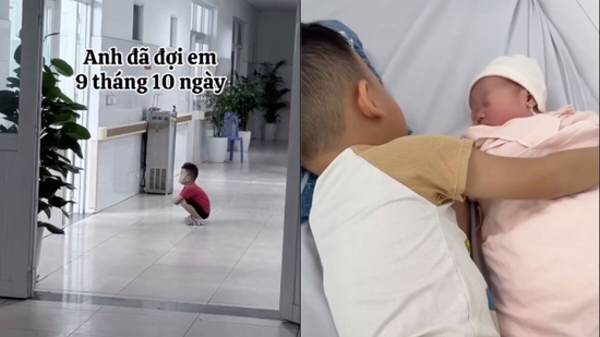 Rưng rưng cảnh cậu nhóc ngồi xổm ngoài phòng sinh chờ em bé chào đời